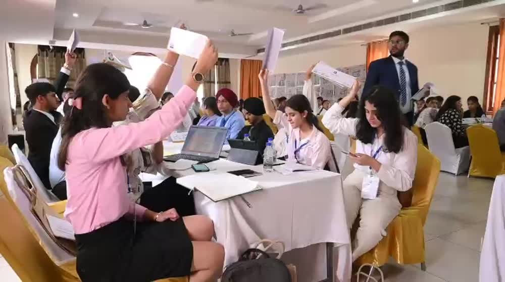 Delegates raising placards to vote